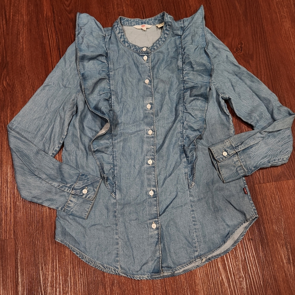 Levi's Chambray Ruffle Button Down Shirt Long Sle… - image 1